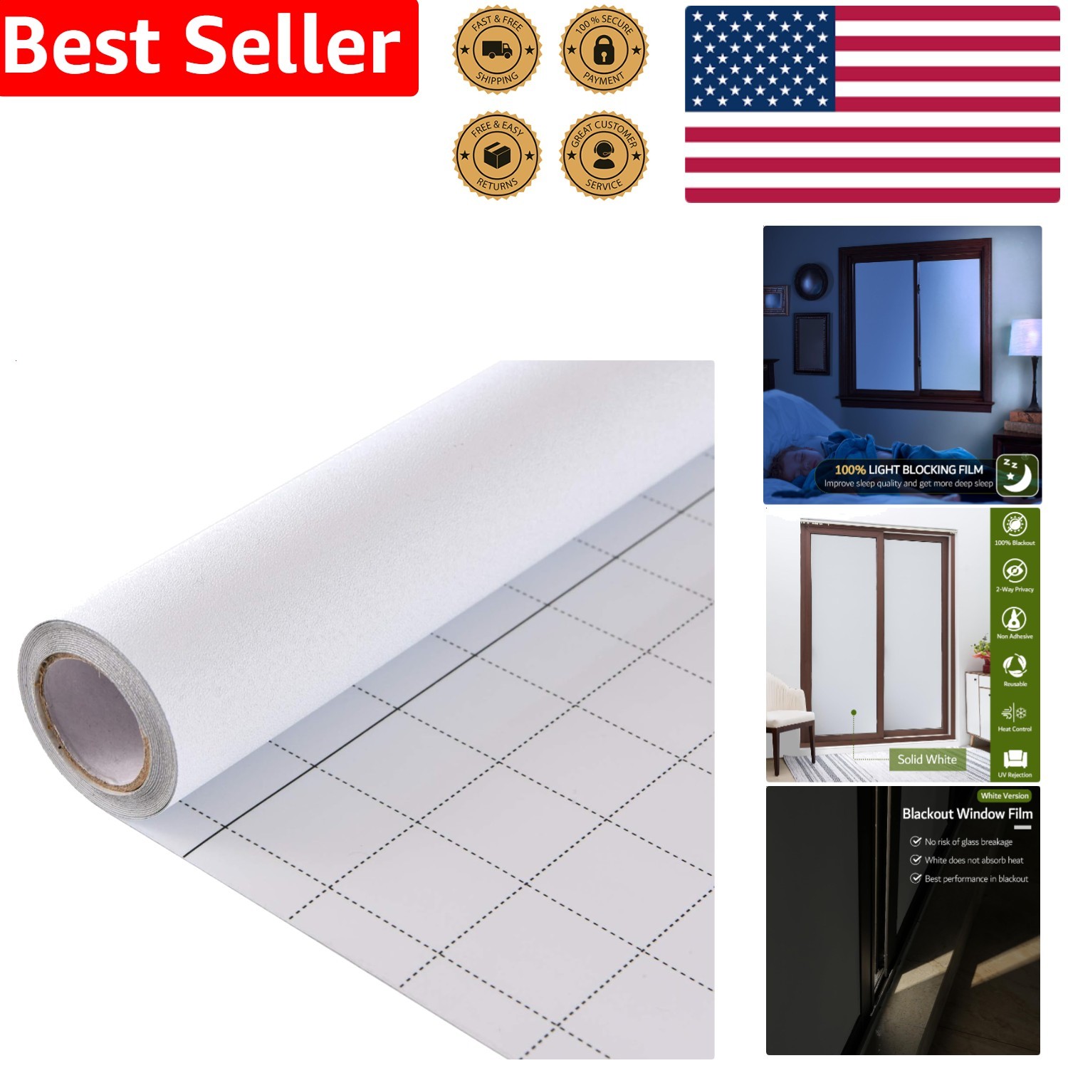 Opaque White Window Film, Non Adhesive Light Blocking Vinyl Cling, 100% Privacy