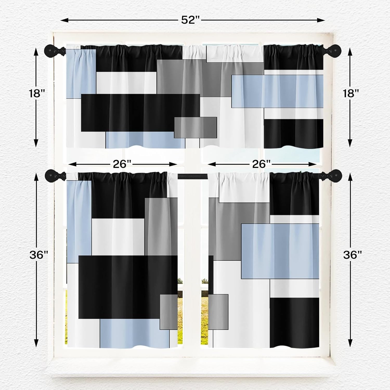 Sky Blue Kitchen Window Curtains Valance and Tier Set 36 Inch, Black Grey White
