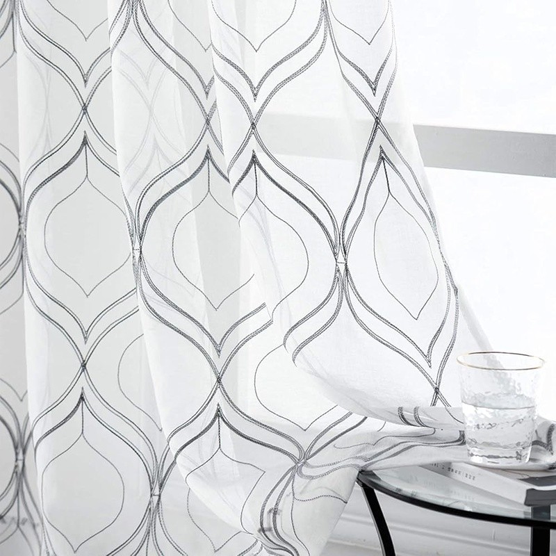 Elegant Sheer Curtains W/ Embroidery Semi-Translucent Drapes Living Room Bedroom