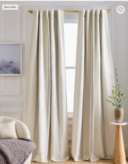 NWT QUINCE COASTAL STRIPE COTTON LINEN CURTAIN SET 2 BLACKOUT 48 X 84 SAGE $164