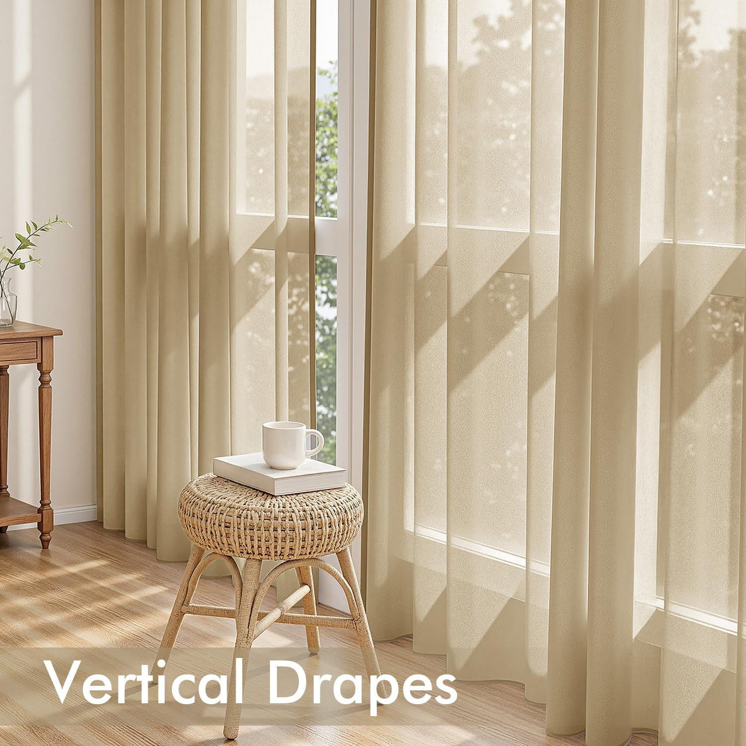 MIULEE Beige Sheer Curtains 63 Inches Long, 4 Panels Set, Rod Pocket Voile Drape