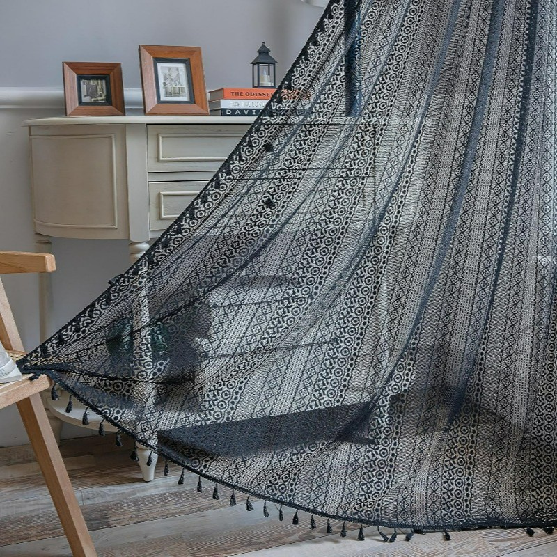 Black Boho Curtain Vintage Sheer Crochet Lace Handmade Tassels Knitted Window