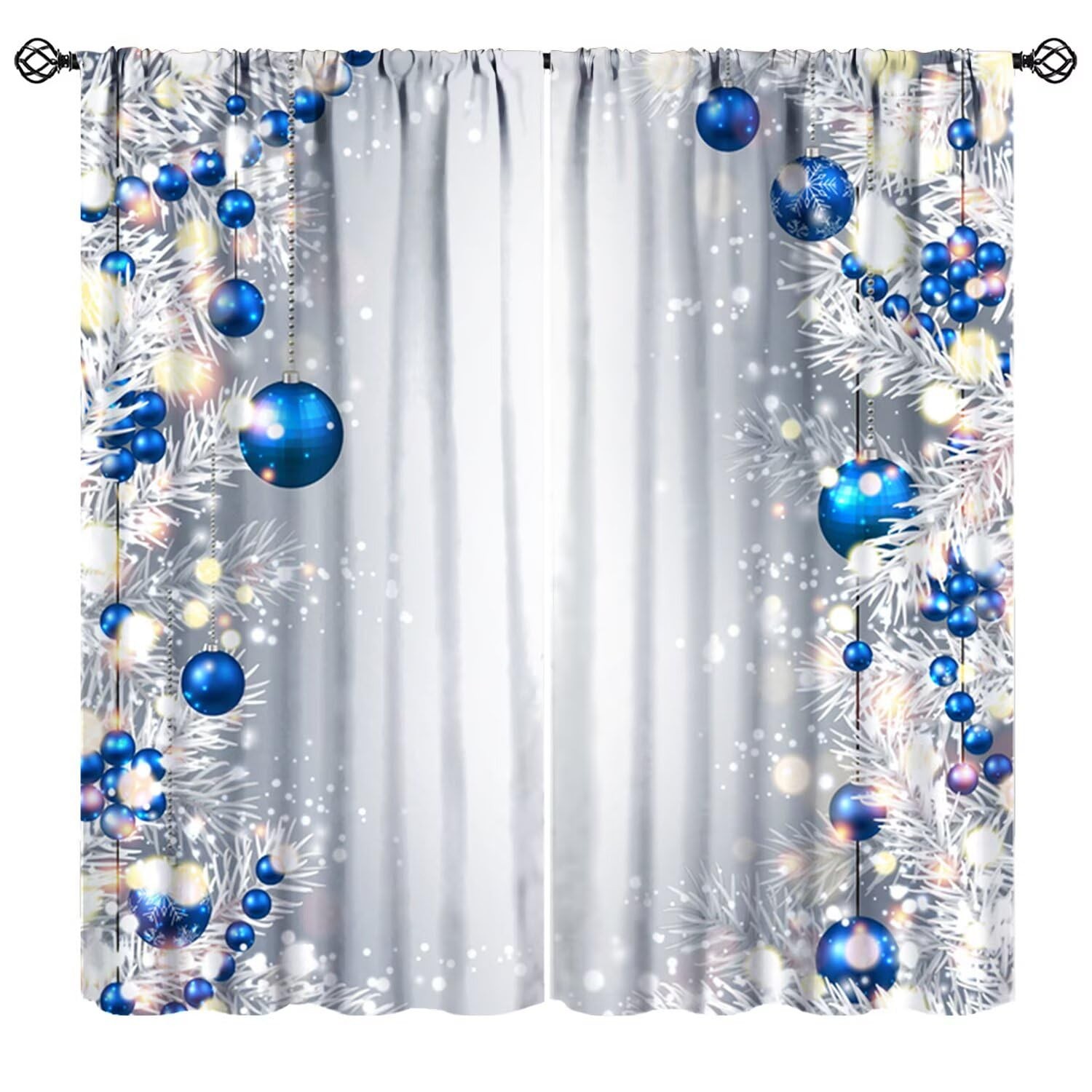 Blue Christmas Ball Curtains, Happy New Year Silver Fir Branches Winter Xmas …
