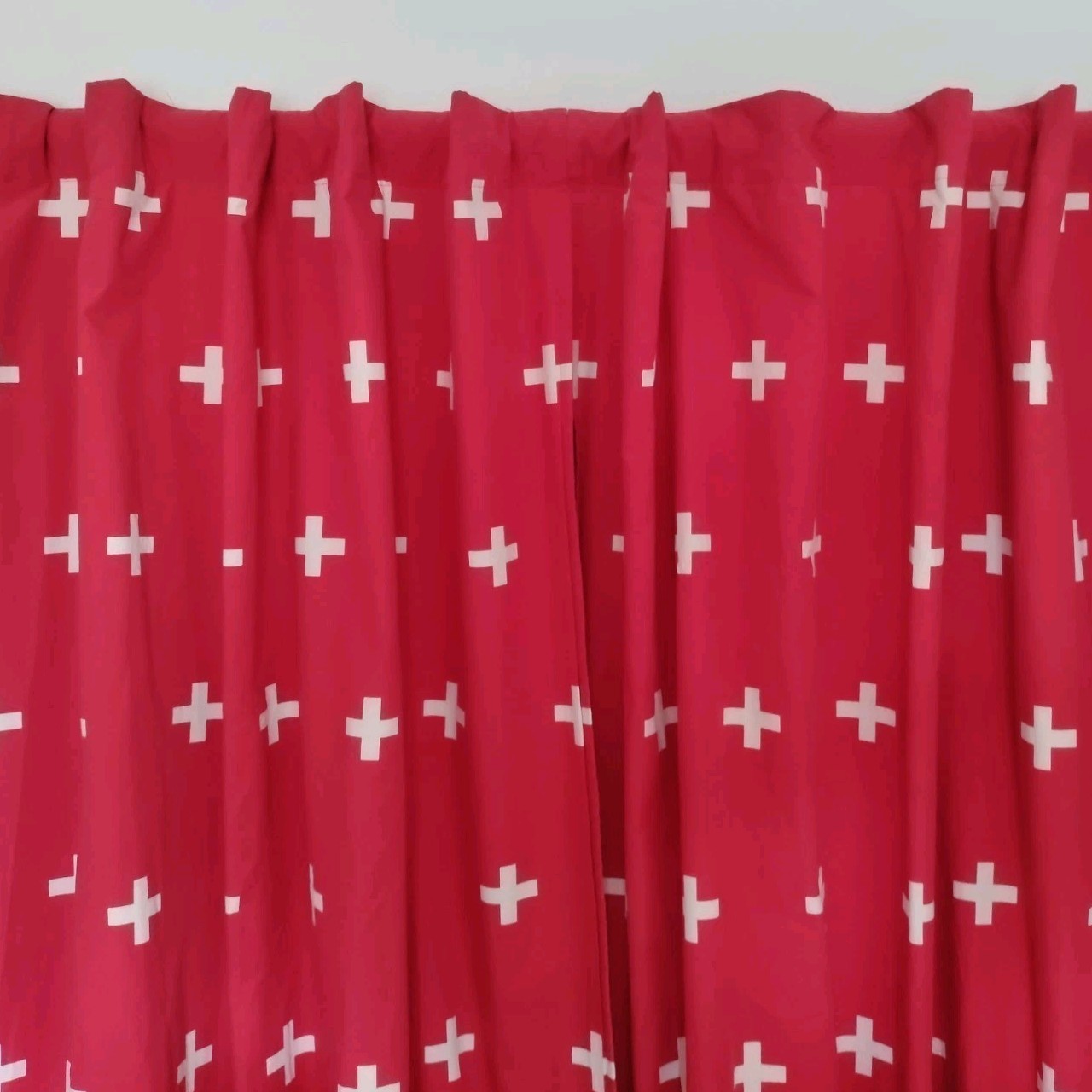 Red & White Cross Curtains 45×96″ Lined Heavyweight Blackout Drapes Dual Header