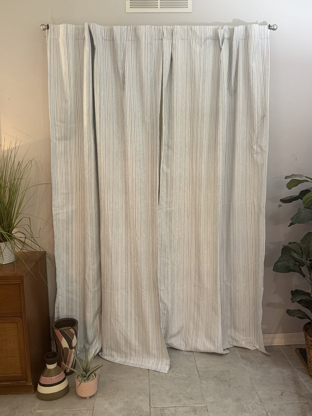 2 Pillowfort Curtain Panels Blue white Stripes Lined Hidden Tab Top 84″X41″