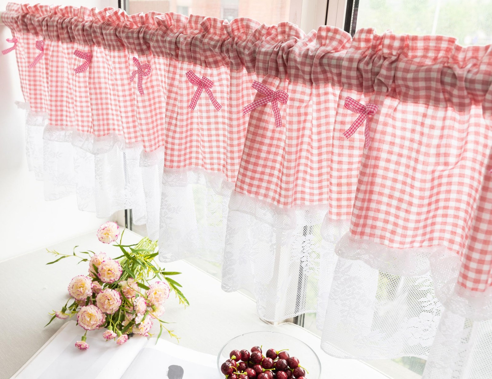 Pink and White Buffalo Check Plaid Window Valances Floral Lace Semi Sheer Kit…