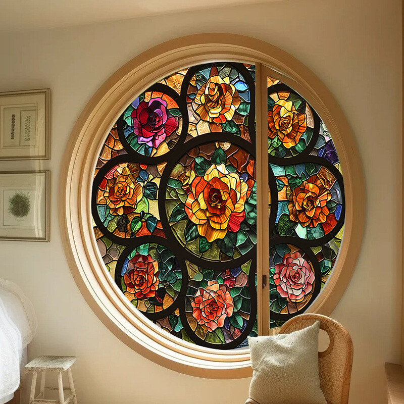 1PC Vintage Colorful Stained Glass Window Films Self Adhesive Backing Sticker