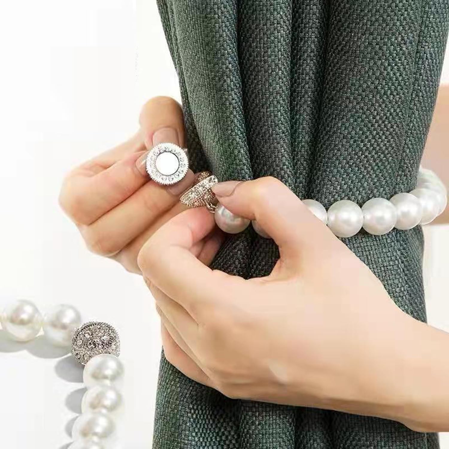 UtySty 4 Pack Curtain Tiebacks Magnetic Beaded Pearl Tie Back Lace Bow White