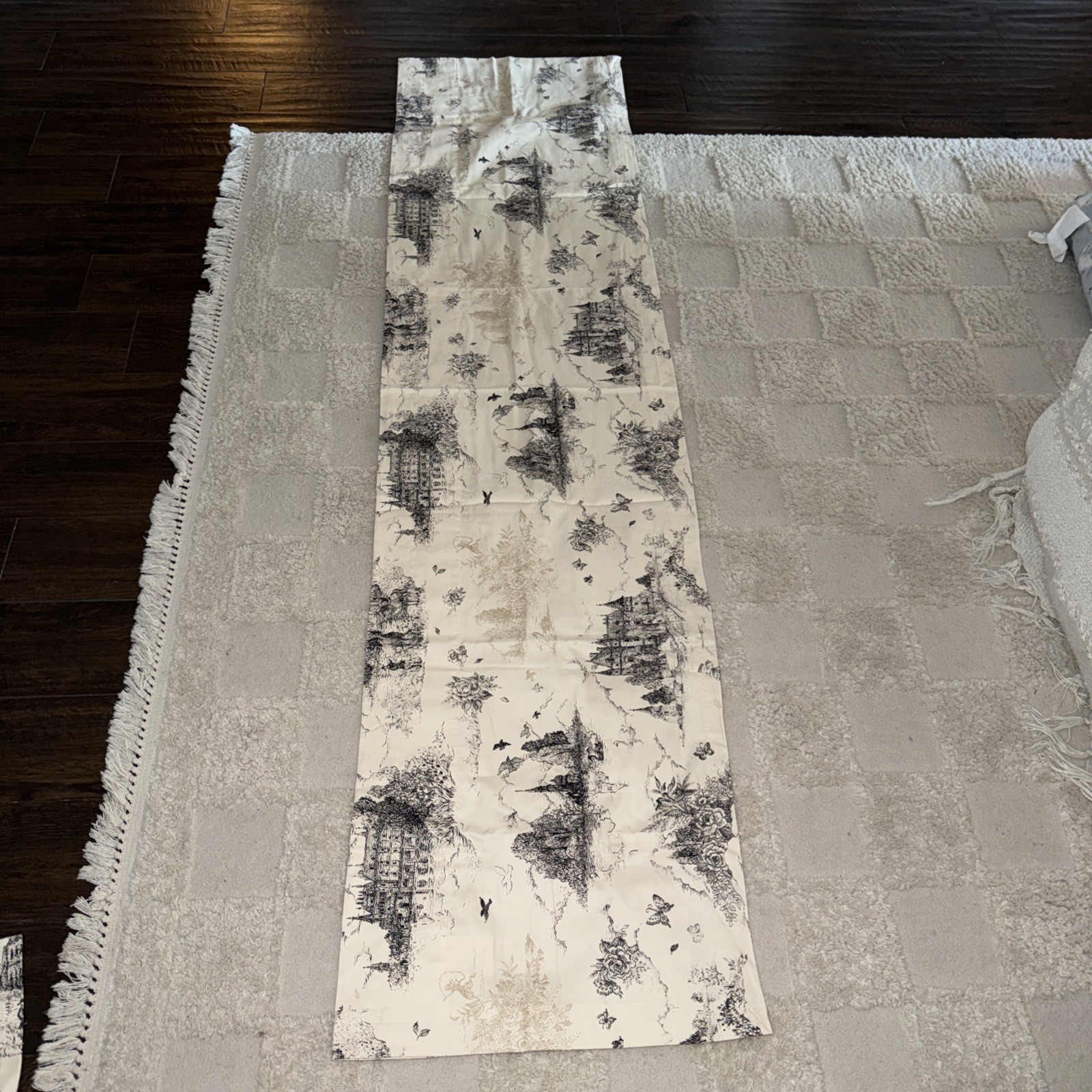 Black and cream toile de Jouy Curtain Valance Country Side Church Swan Floral