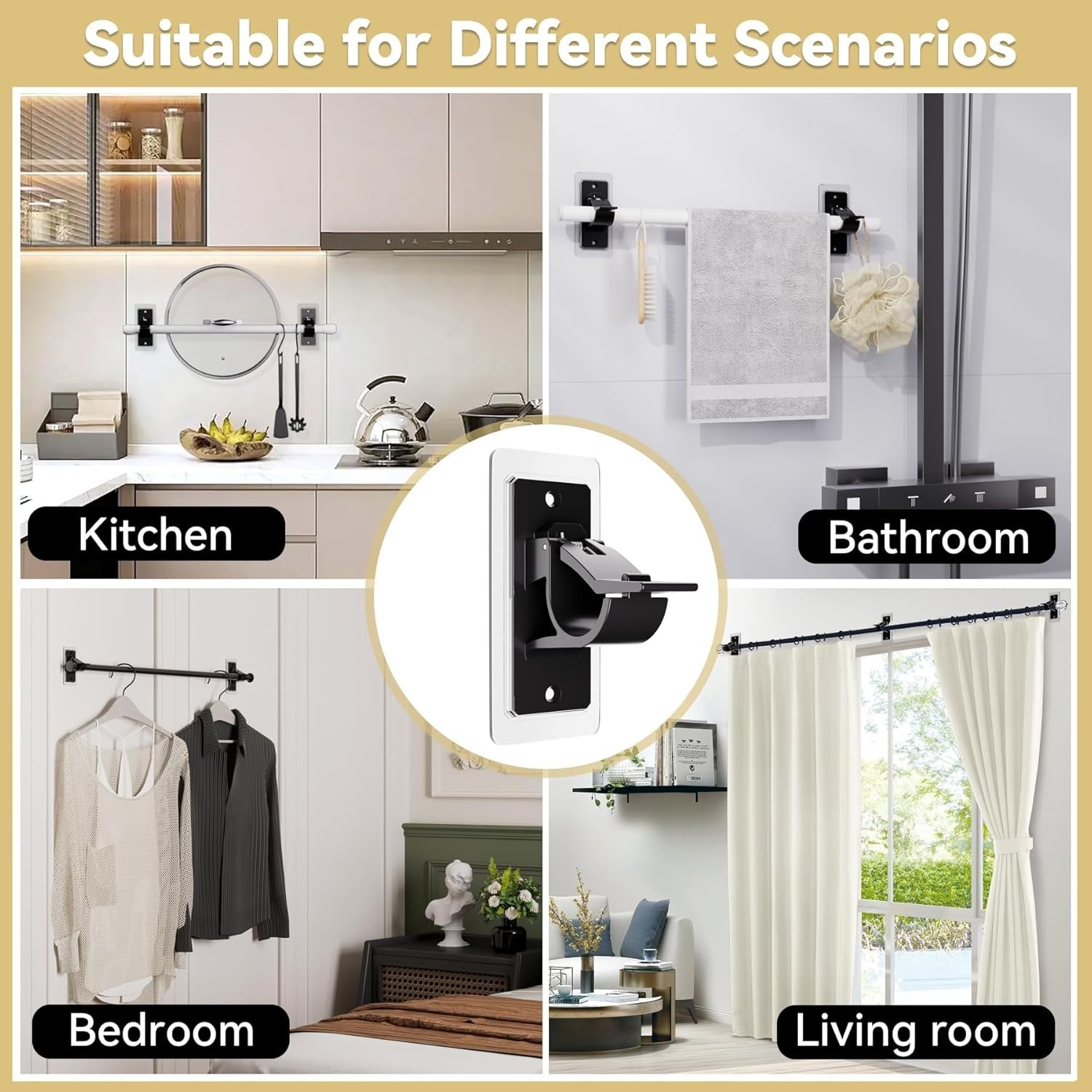 Self Adhesive Curtain Rod Brackets, 16 Pack – Black