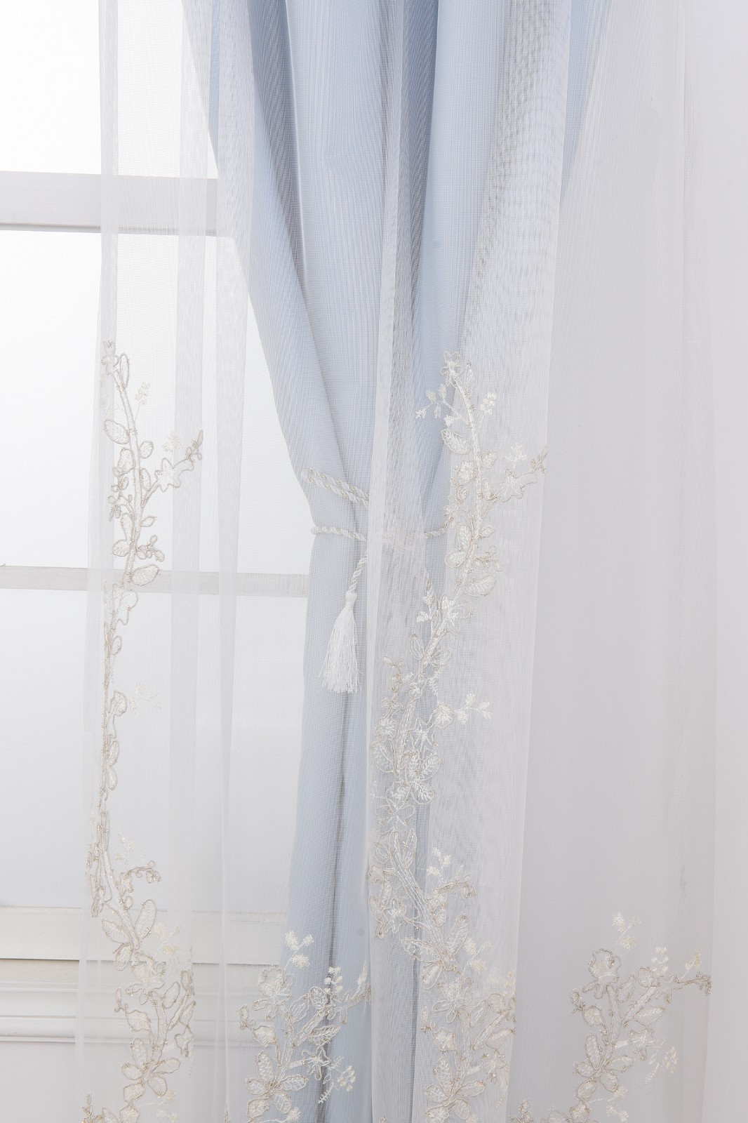 2 Panels 52x63inch Double Layer Curtains with Embroiered Sheer, Grommet Drapes