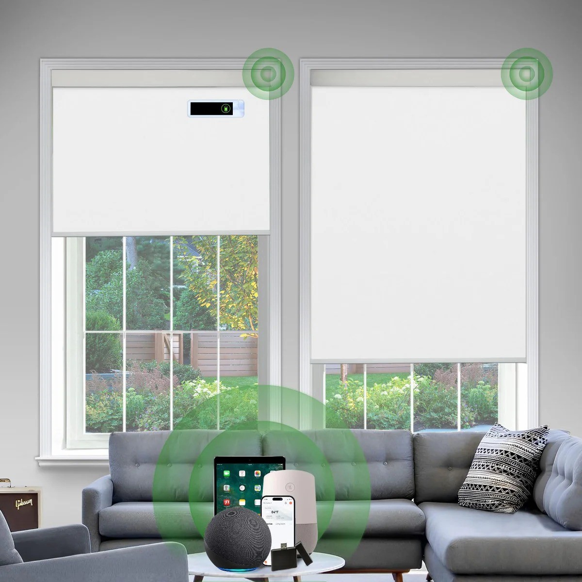 Motorized Smart Roller Blind w/ Remote Gray 34″ W X 72″ H – Solar Powered