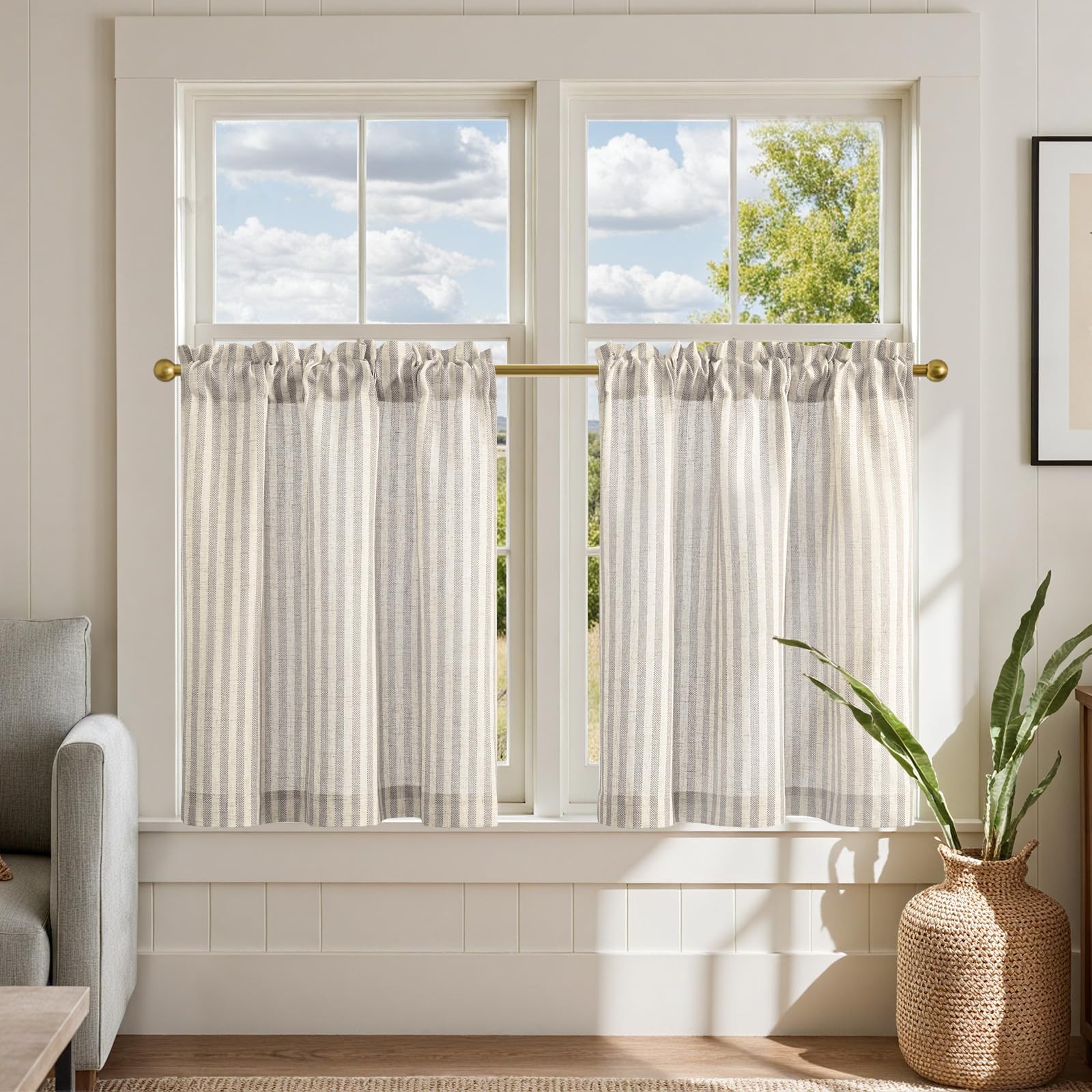 jinchan Linen Kitchen Curtains 24 Inch Length Striped Tier Curtains Ticking