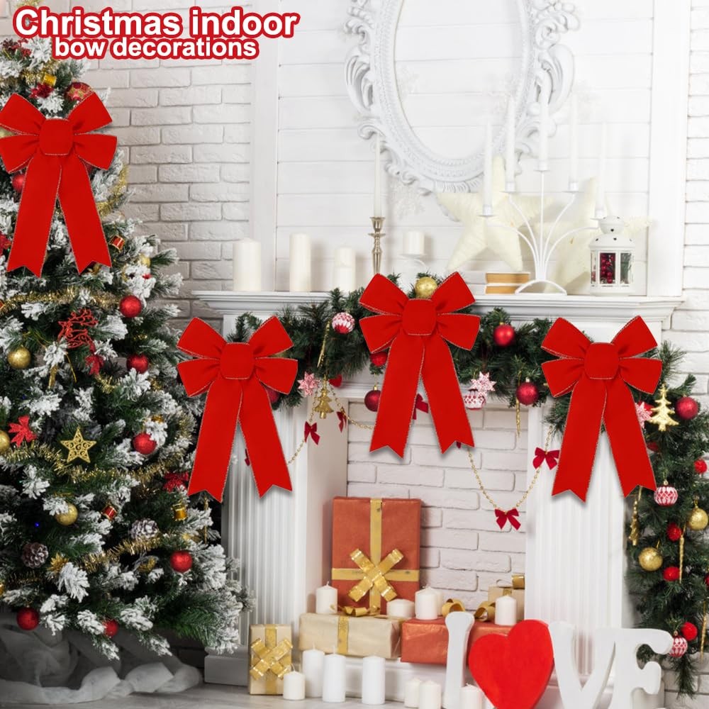 10PCS Christmas Red Bows Decorations, 9 x 13 Inches Large Velvet Tree Wreaths