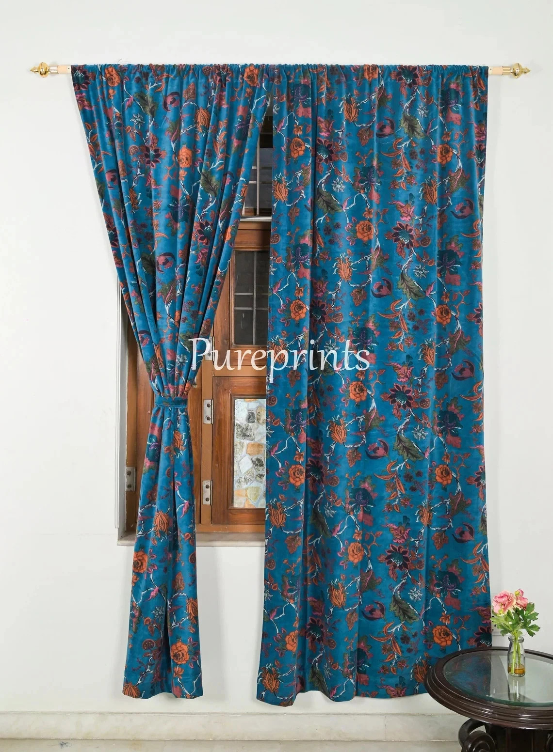 Boho Cotton Velvet Curtains Teal Blue Luxury Drapes Customizable