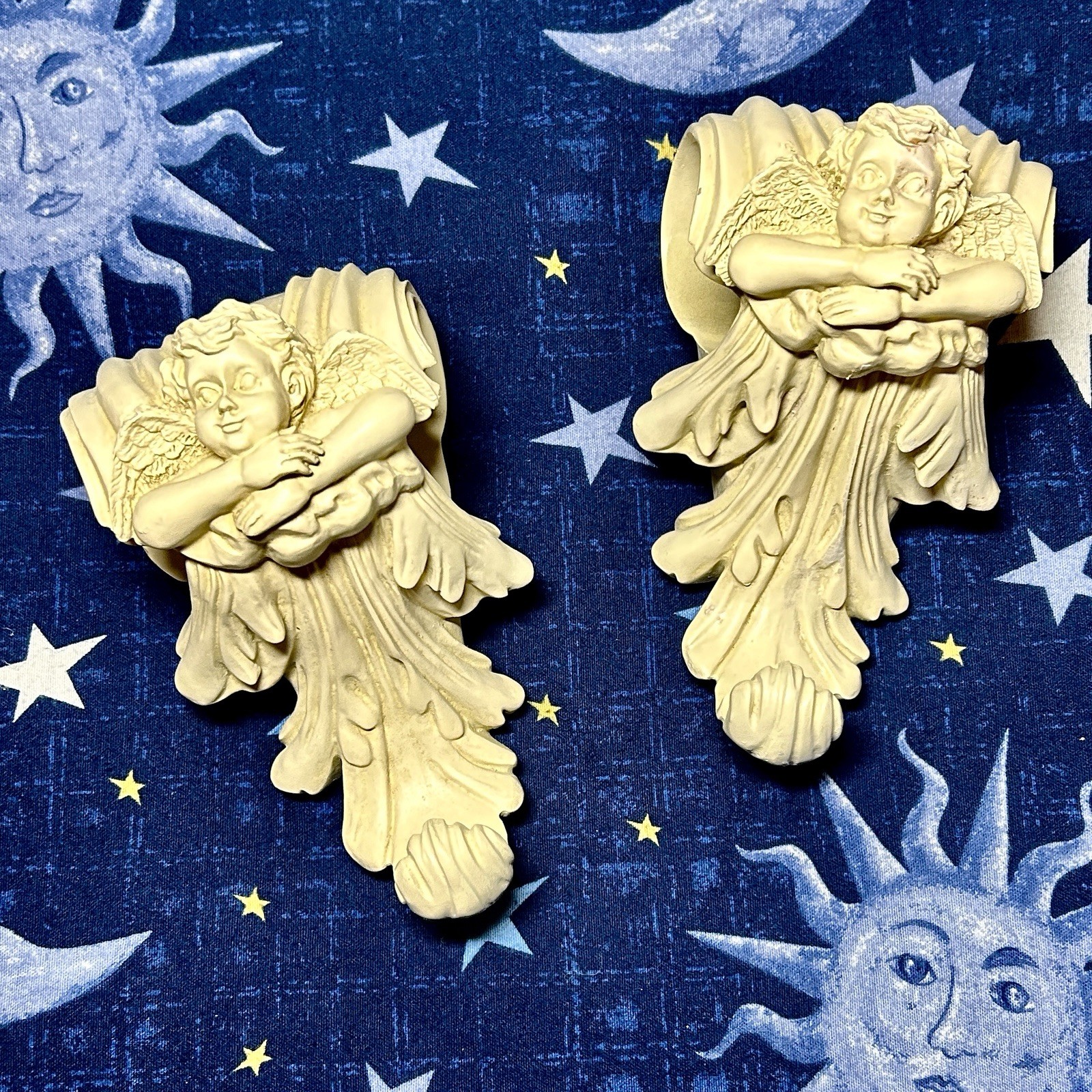 Vintage Cherub Whimsical Drapery Curtain Rod Holder Wall Sconce Set Resin Angels