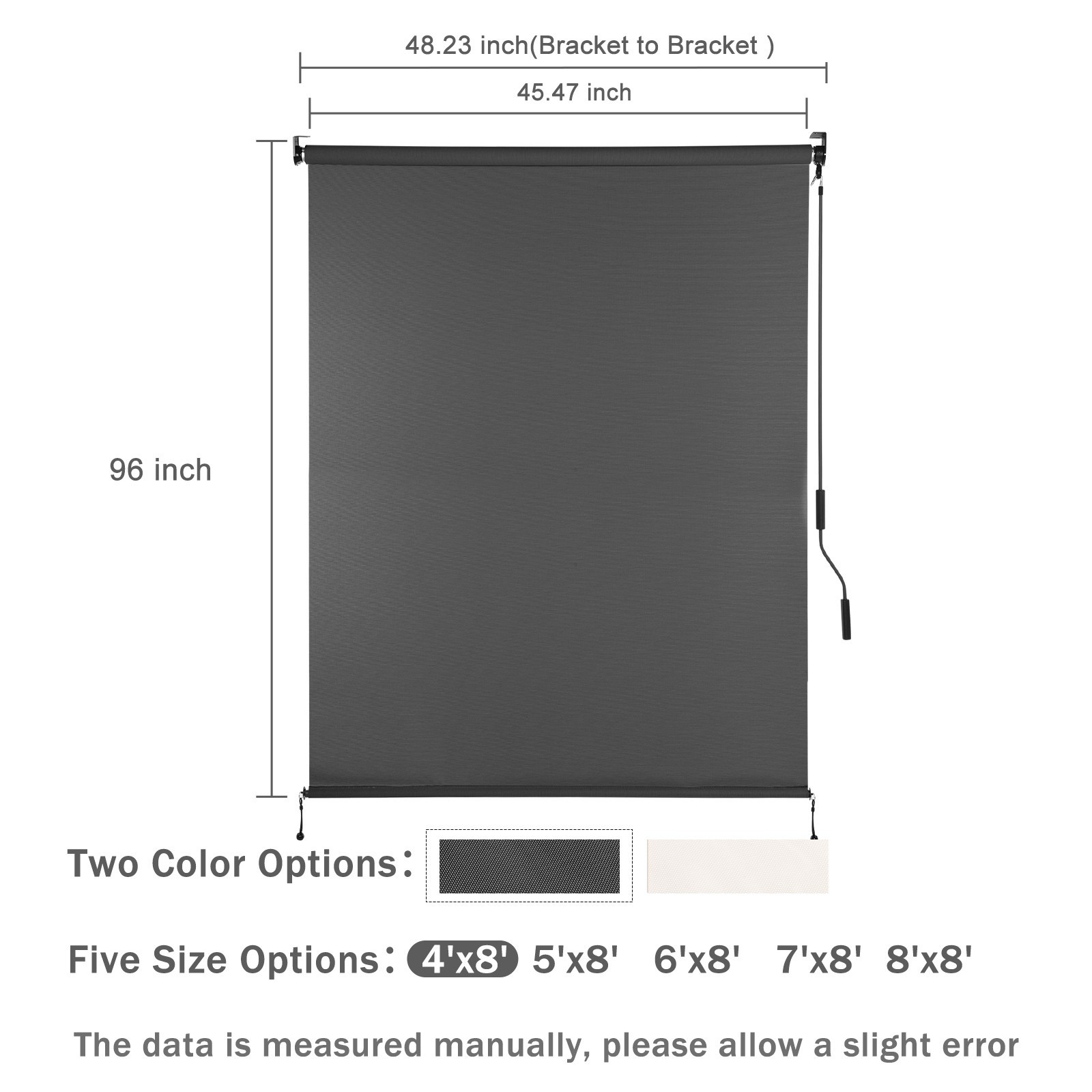 4ft (W) x 8ft (H) Outdoor Roller Shades 5% Openness Cordless Sun Roll up Shade
