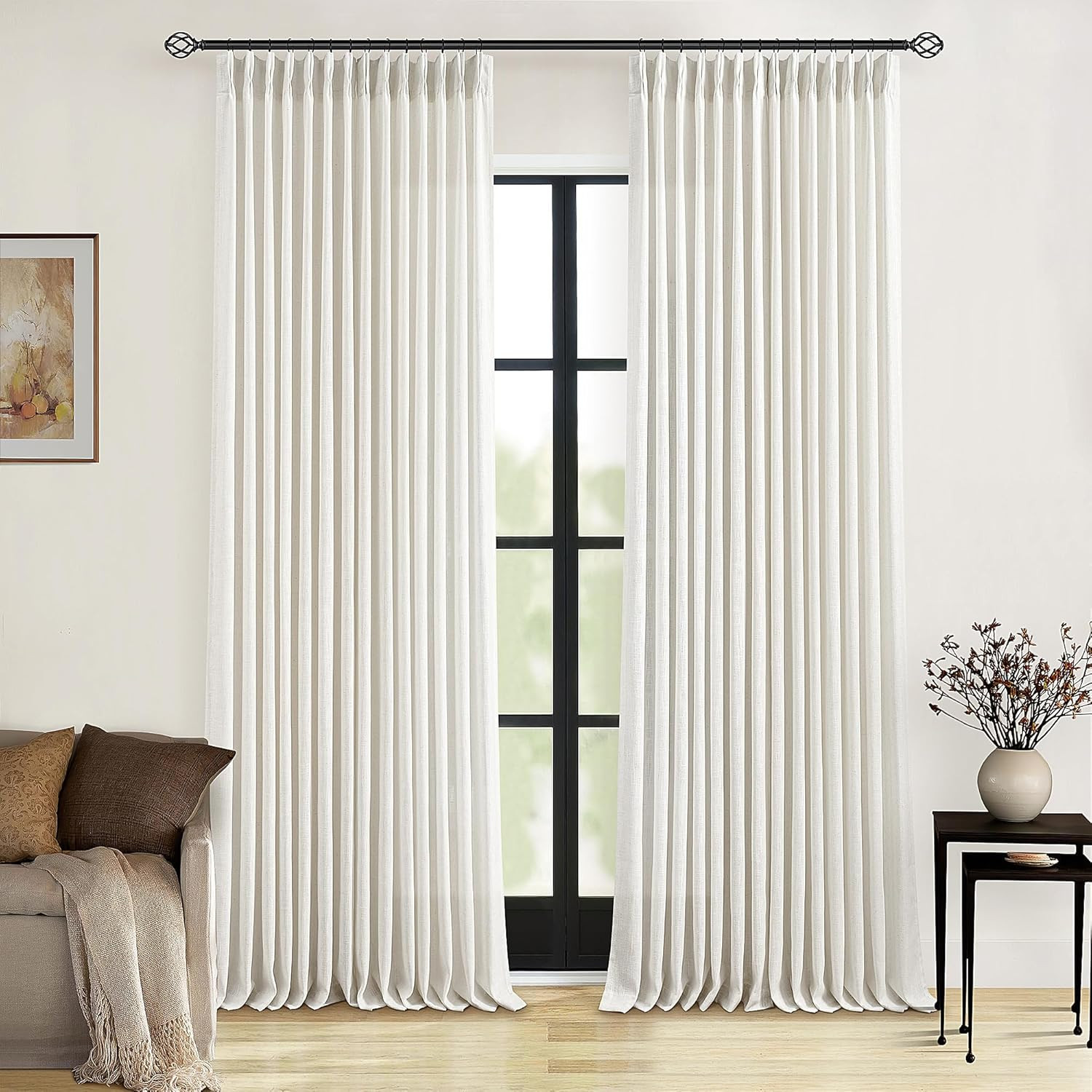 Natural Linen Pinch Pleated Curtains 120 Inches Long for Living Room Pleated Dra