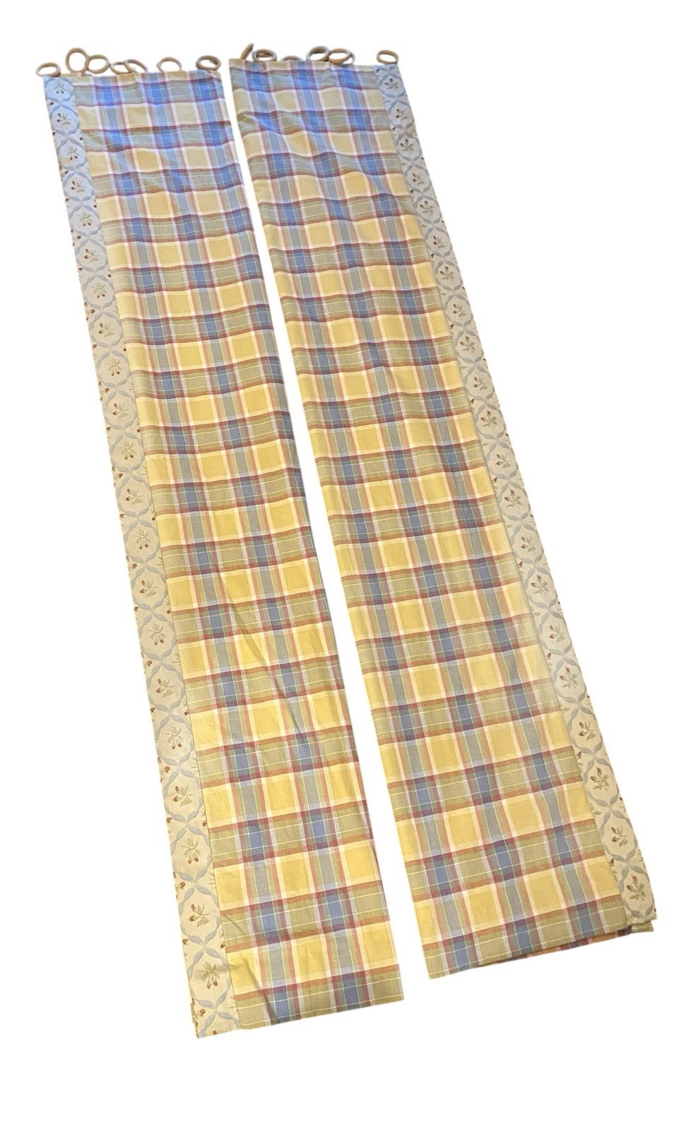 Custom Drapery Panels Yellow Red Blue Farmhouse Plaid Floral Pair + Wood Rings
