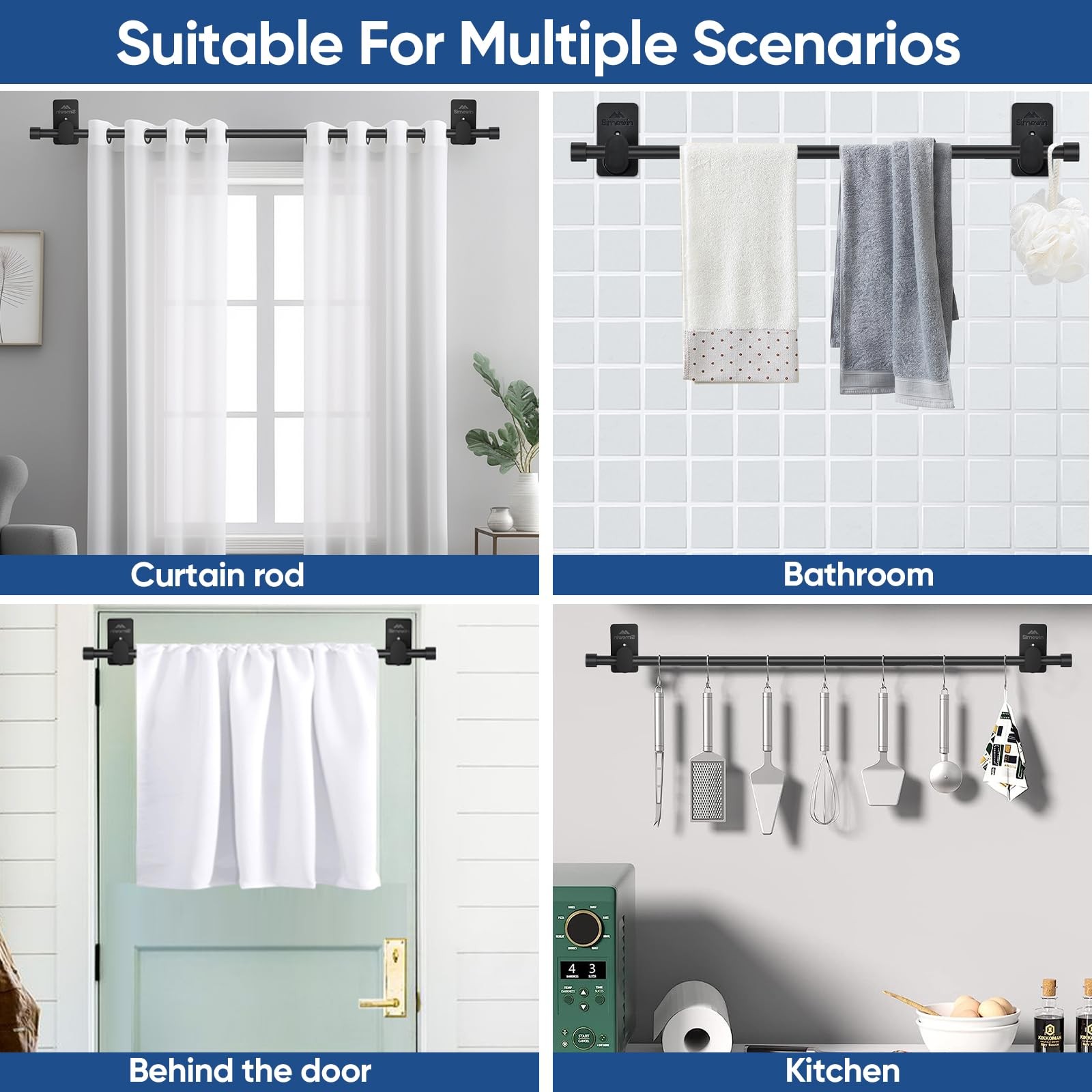 SIMEWIN Curtain Rods No Drilling for Windows 30 to 45 30″-45″, Black