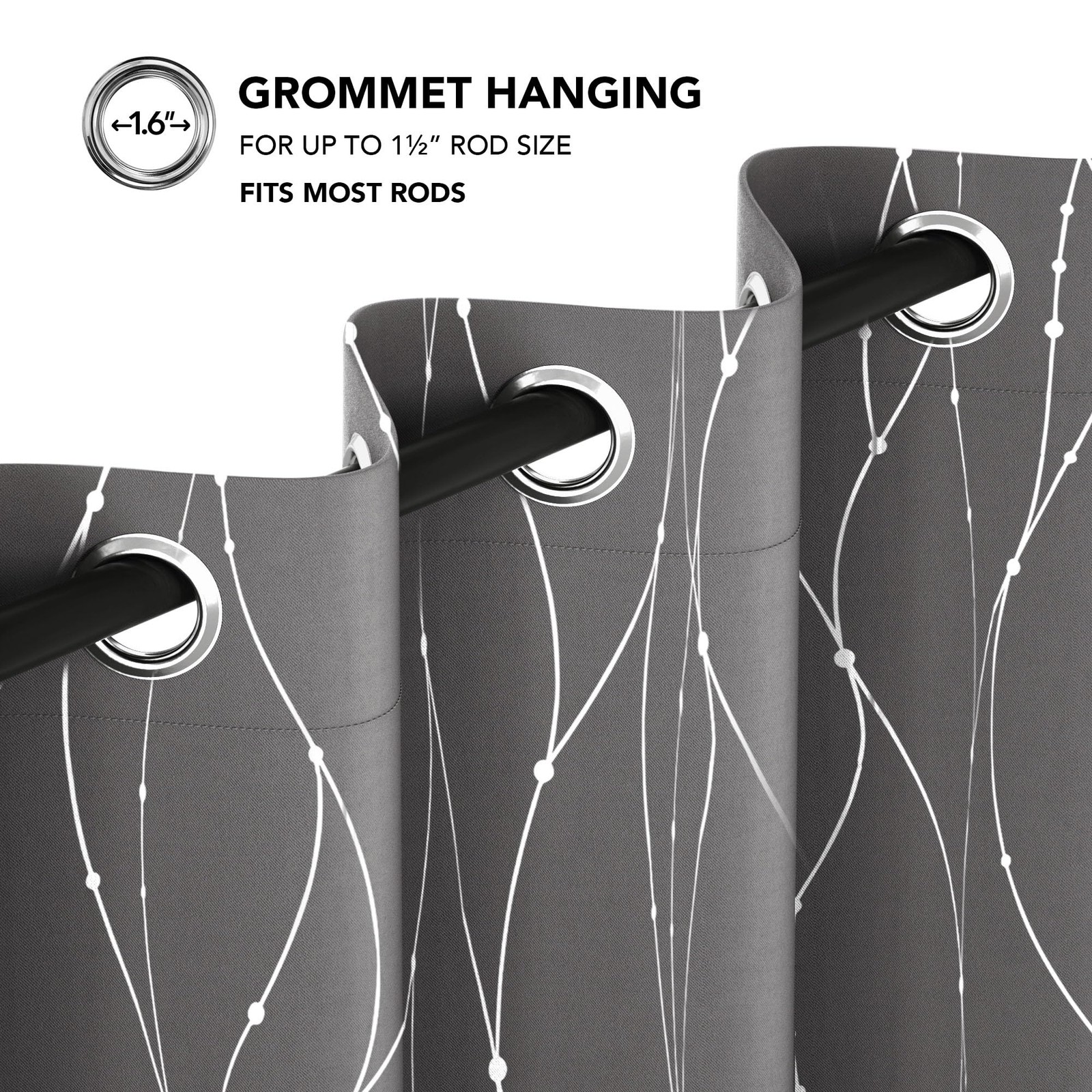 Blackout Curtains, Light Grey Thermal Grommet Drapes, Silver Wave Dots Foil P…