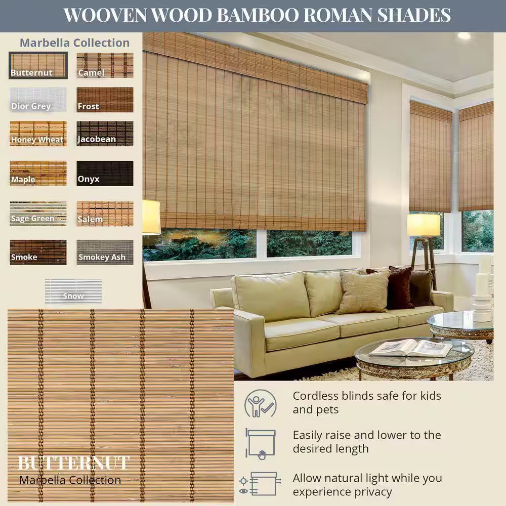 Natural Woven Light Filtering Cordless Bamboo Roman Shades for Windows, 27 In. W