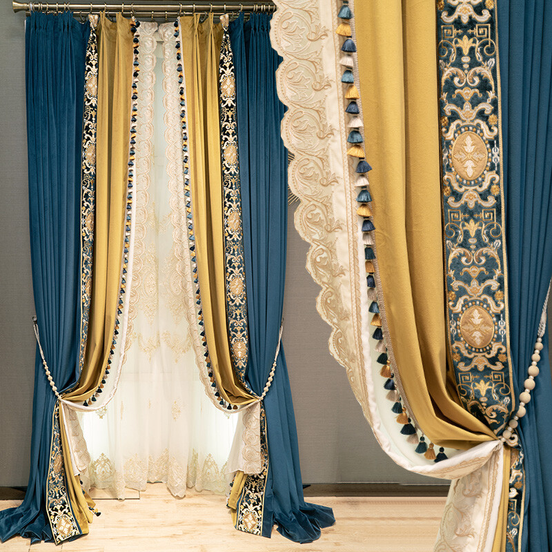 French flannelette embroidery blue velvet cloth blackout curtain drape C1506