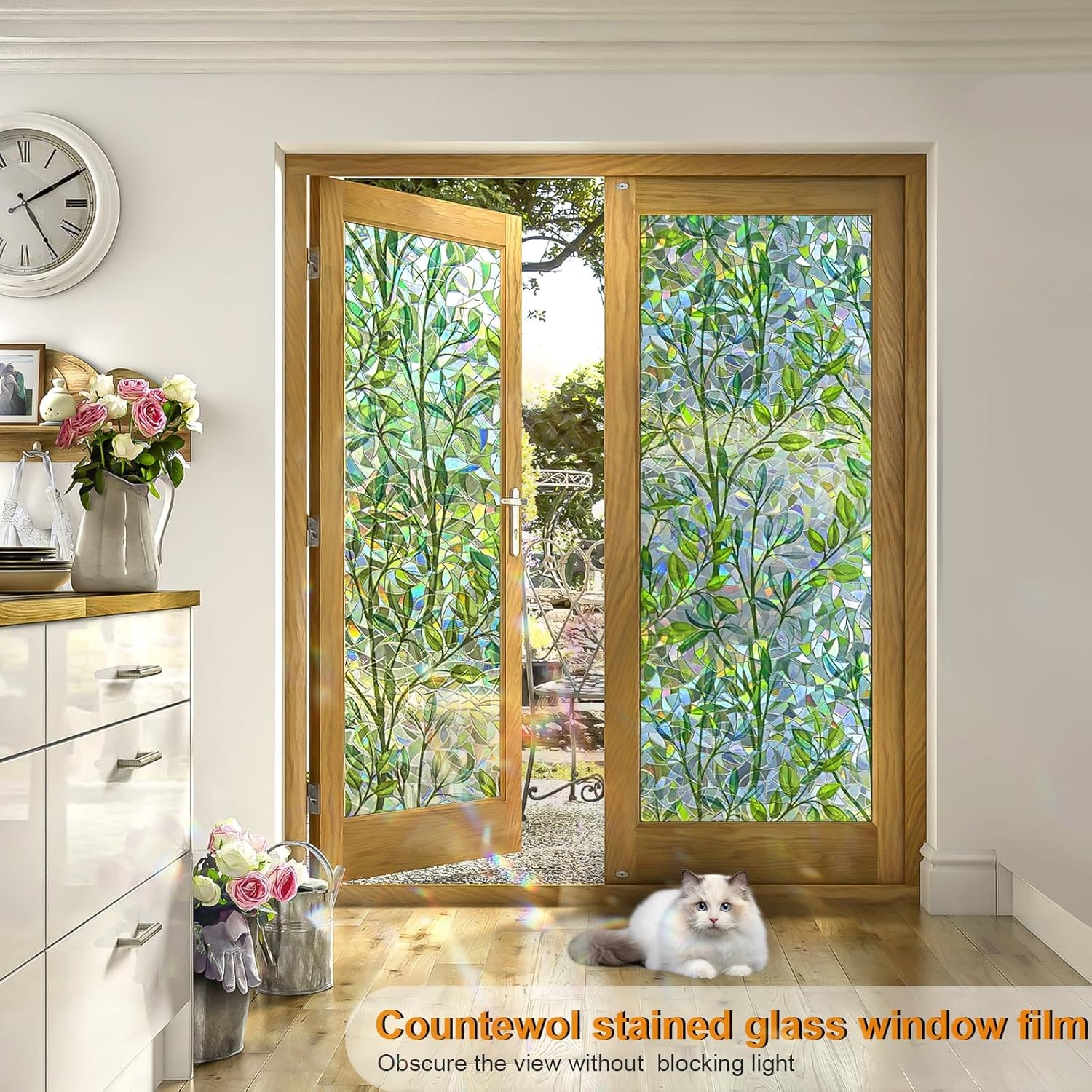 Window Privacy Film Stain Glass 17.5 x 78.7 in, Leaf Rainbow
