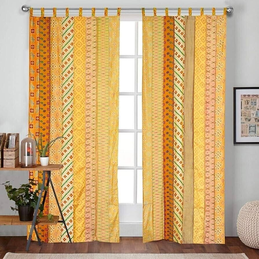 1Pc Indian Sari Patchwork Curtain Drape Window Decor Yellow Silk Sari Curtain