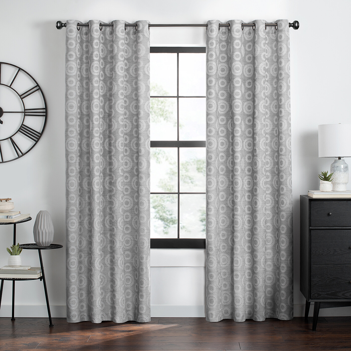 Contemporary Woven Jacquard Geometric White Accent Circles, Grommet Panels, Gray