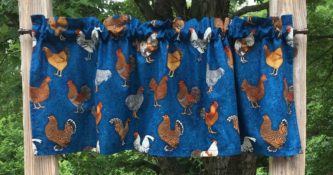 Chicken Rooster Valance Barnyard Farm Blue Country Farmhouse Kitchen Curtain