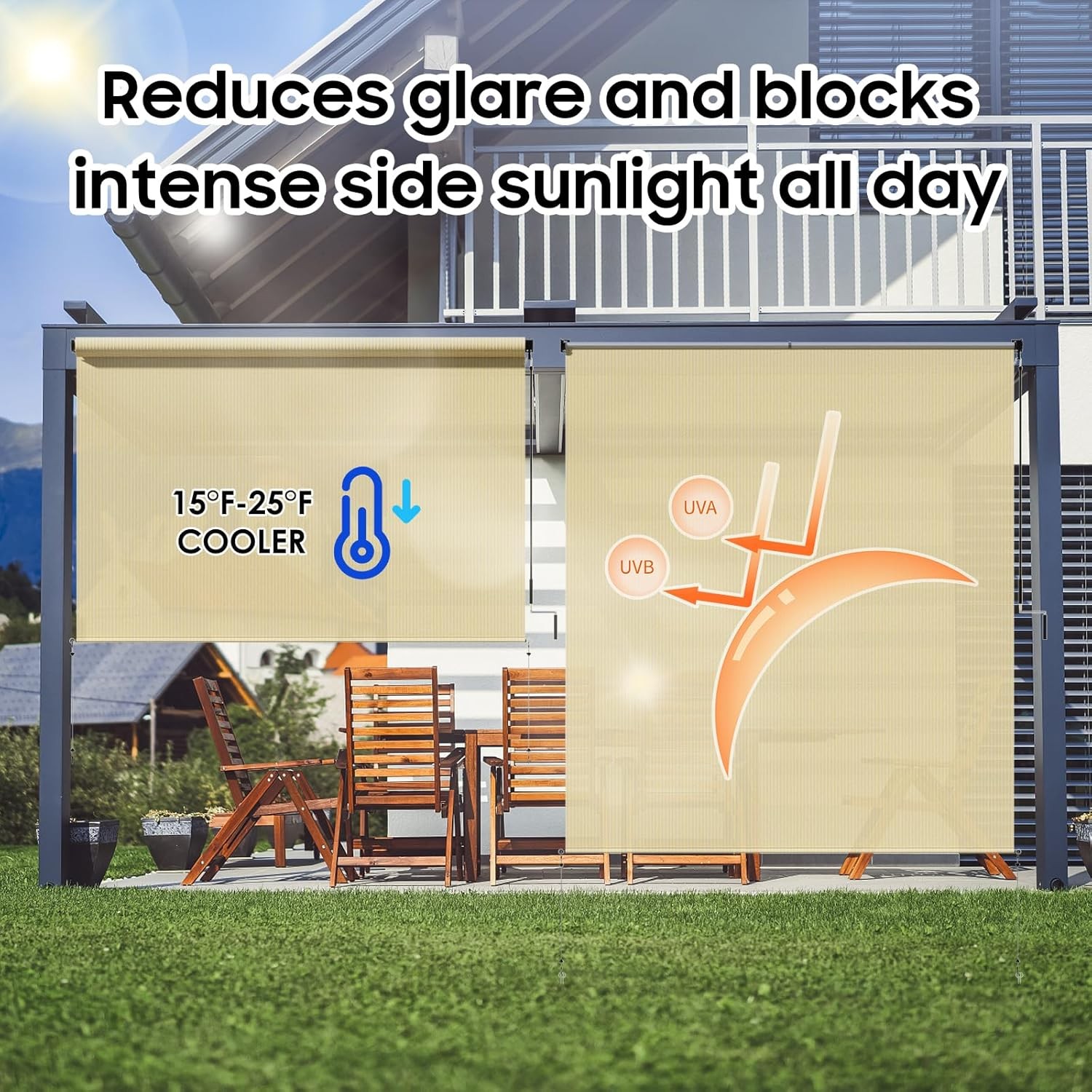 60″ W x 96″ L Roll Up Blinds – Patio Shades with Windproof Bungee tie, 90% UV