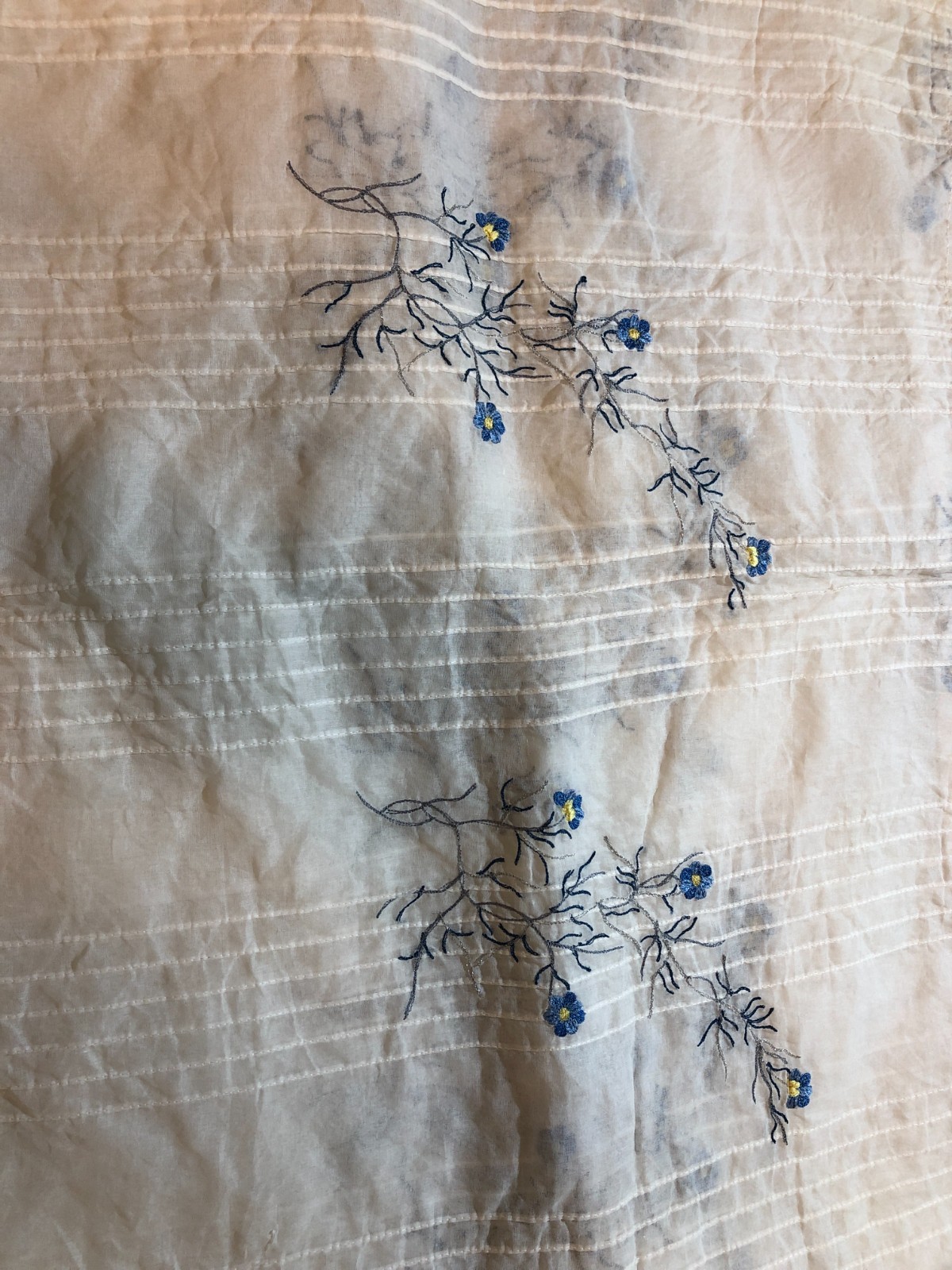 White Blue Floral Embroidered Sheer Curtains for Bedroom & Living Room Lot of 4