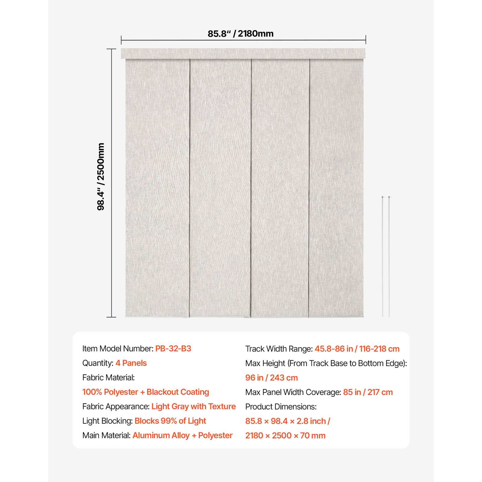 Uimoso Adjustable Panel Track Blinds, Width 45.8-86 in, Light Gray, Customizable