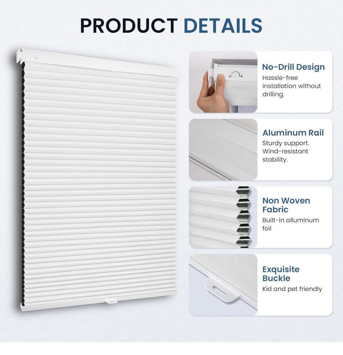 Cordless Blackout Honeycomb Shades 34″x64″ No Drill UV Protection Blinds