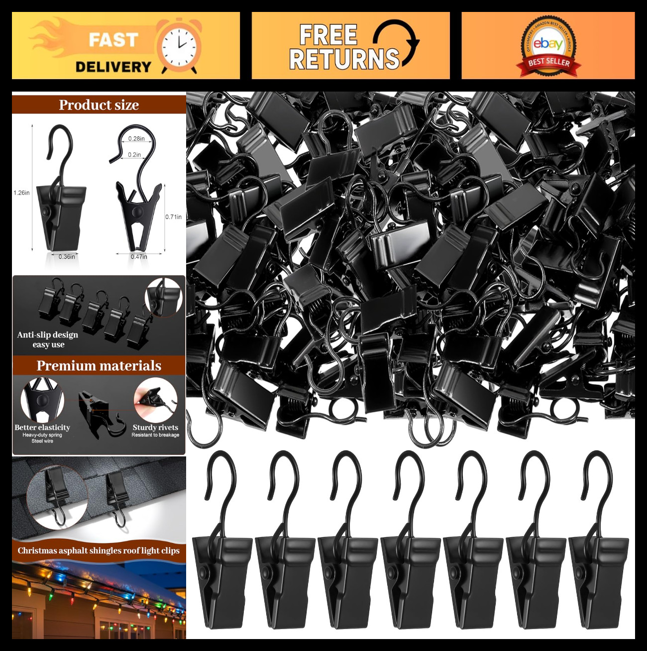 200 Pcs Heavy-Duty Stainless Steel Curtain Clips & Hooks for String Lights, Craf