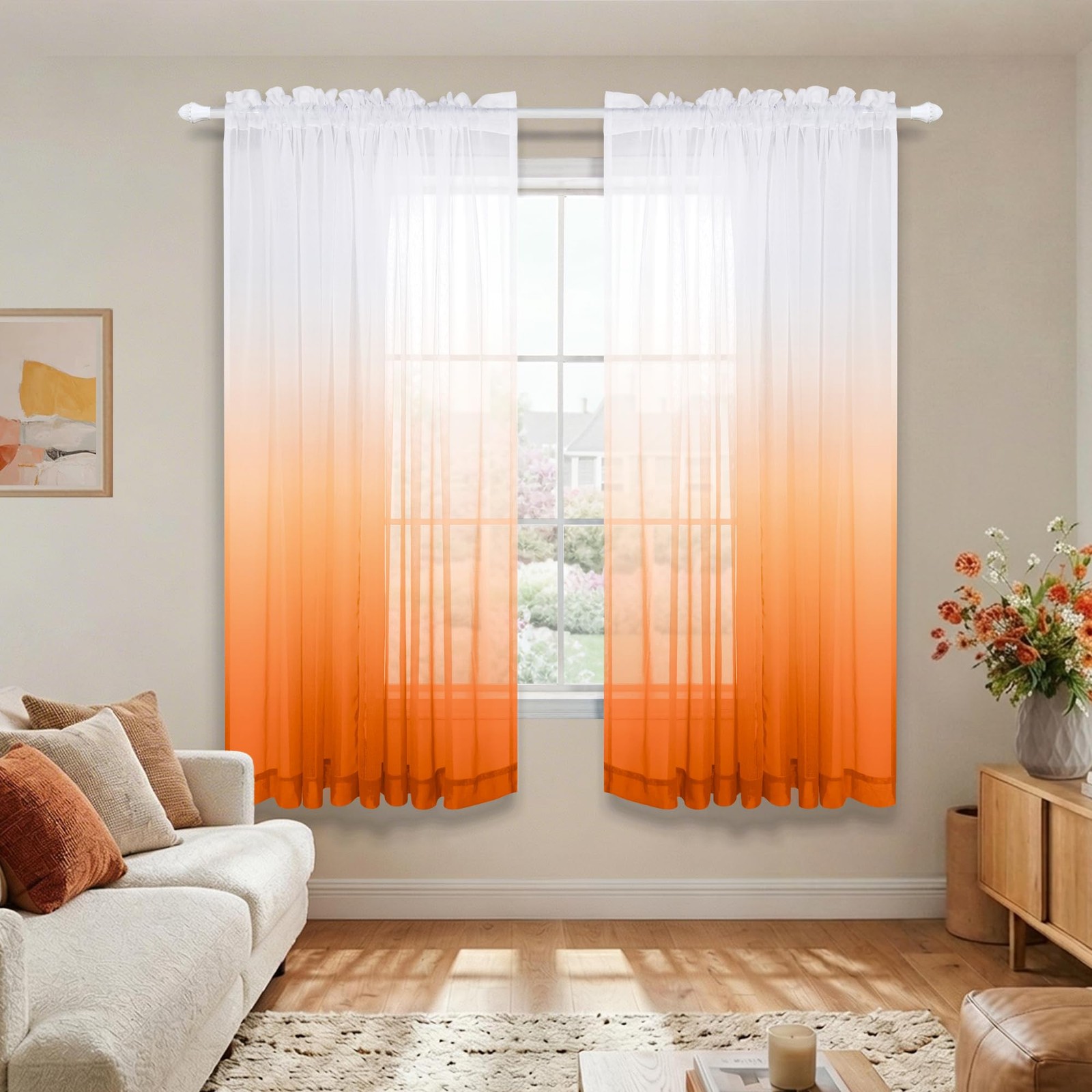 Orange Curtains 63 Inch Length for Living Room, Rod Pocket Voile Ombre Curtains