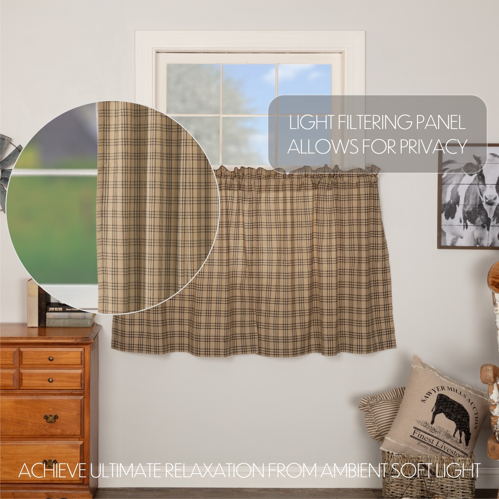 Farmhouse 36″x36″ Plaid Tier Pair Tan Rod Kitchen Window Curtains VHC Brands
