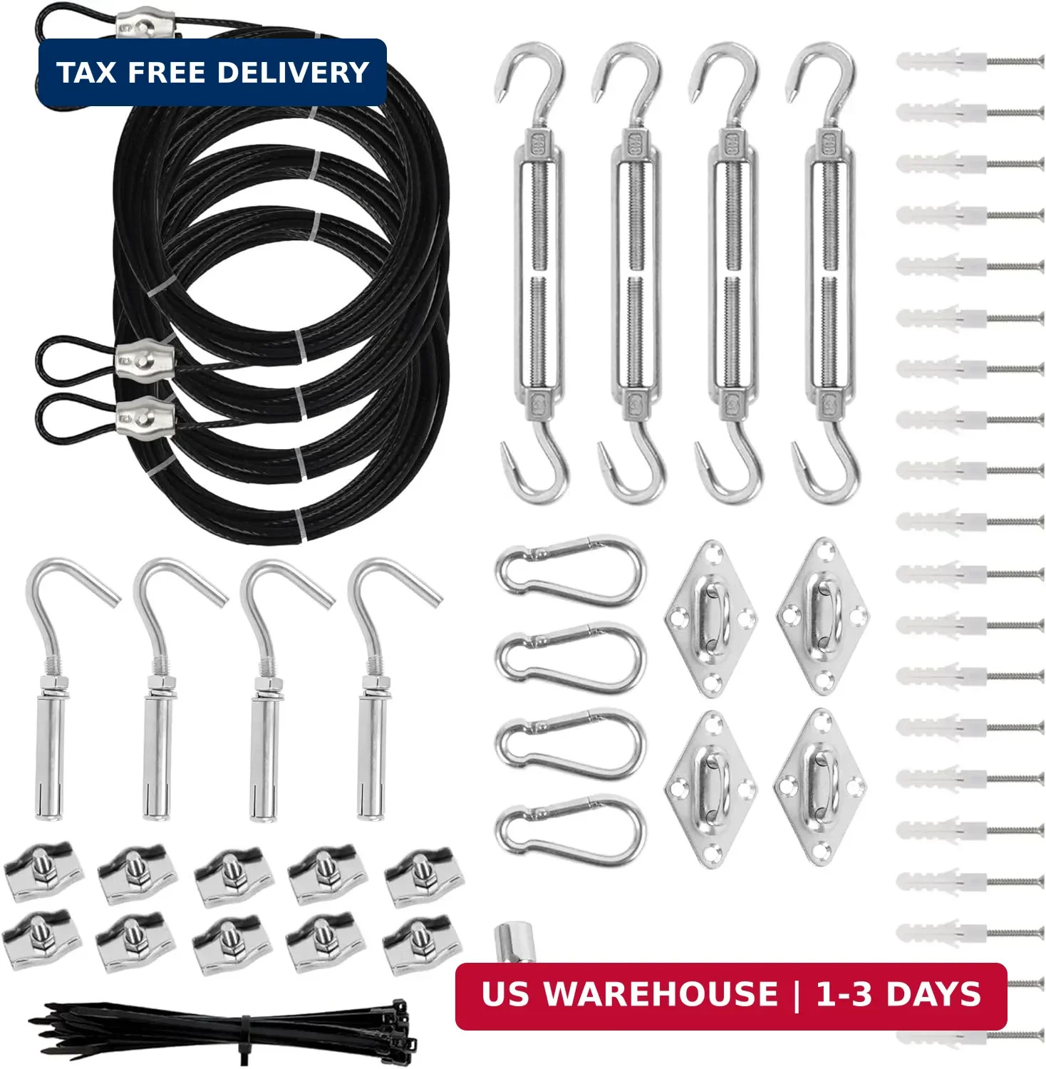 Shade Sail Hardware Kit with Nylon Coated Cable Wire, 304 Stainless Steel Instal