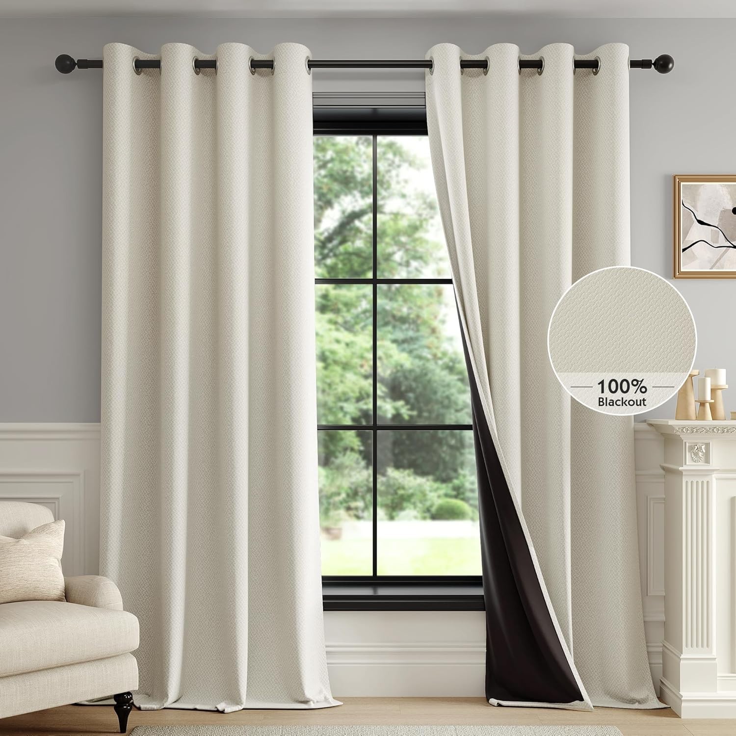 Art Deco Beige Blackout Curtains – Insulated Drapes for Bedroom and Living Room