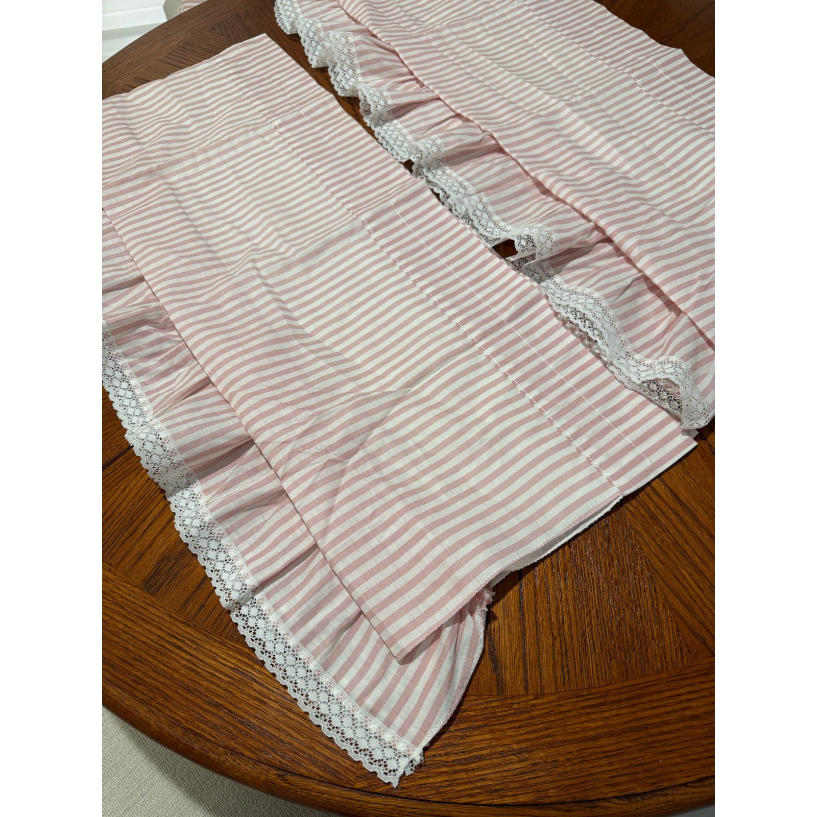 Vintage Set 2 Pink Striped Valance Curtains 64×16 Lace Ruffle Edge Girls Nursery