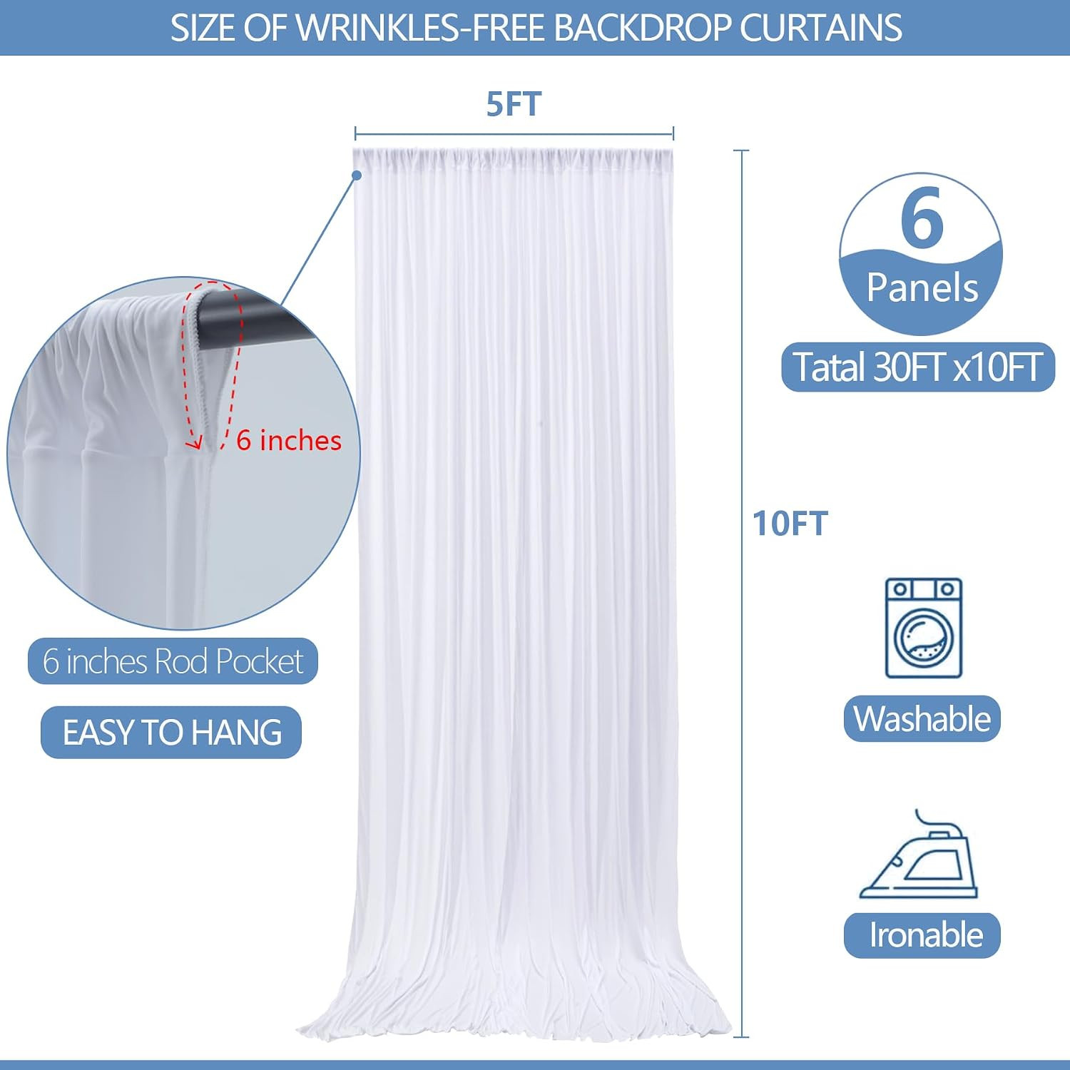 30X10Ft Wrinkle Free White Backdrop Curtain for Parties Soft Fabric Drapes Weddi