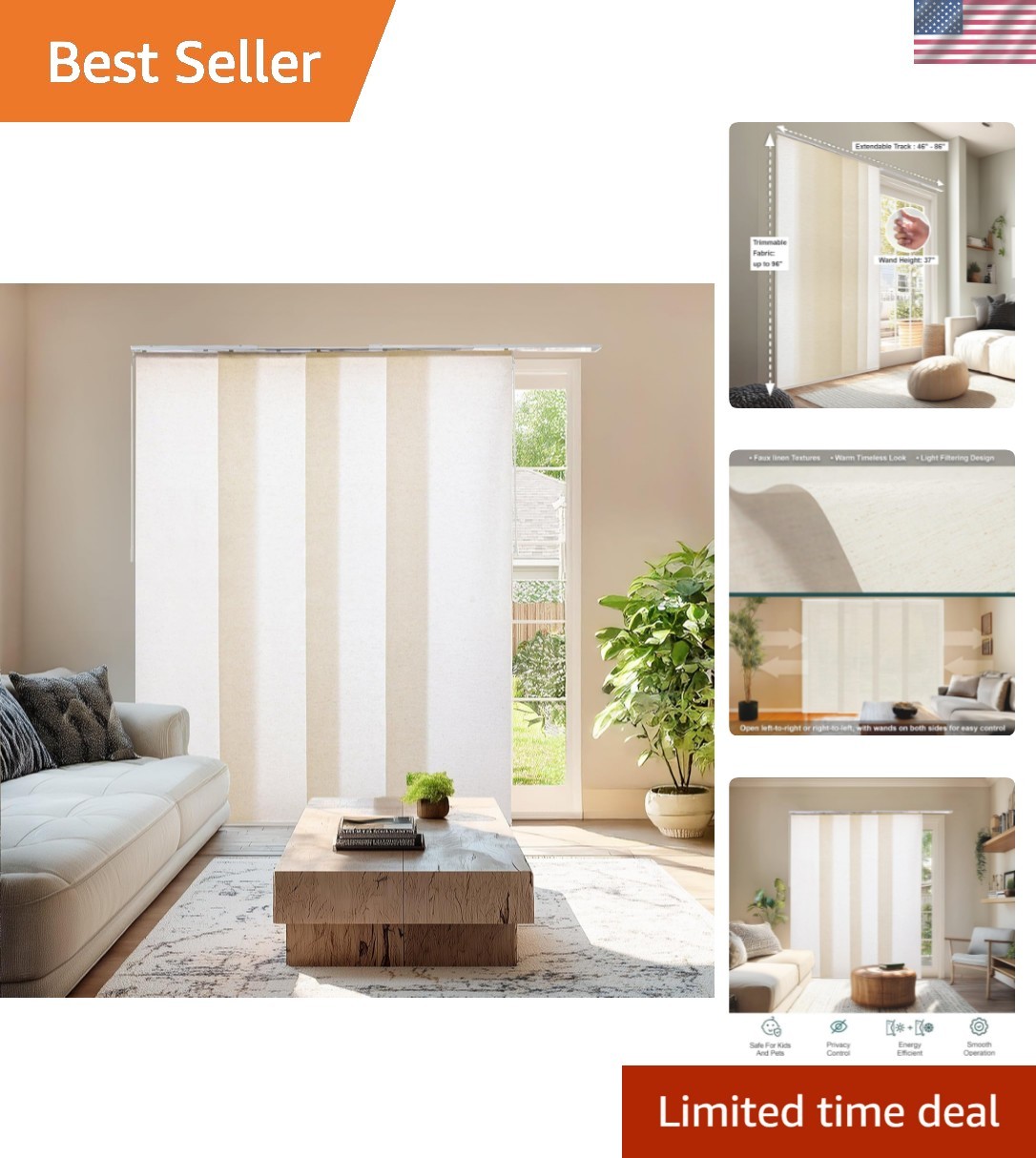 Panel Track Blinds for Sliding Glass Door & Patio Door, Embossed Textured Wea…