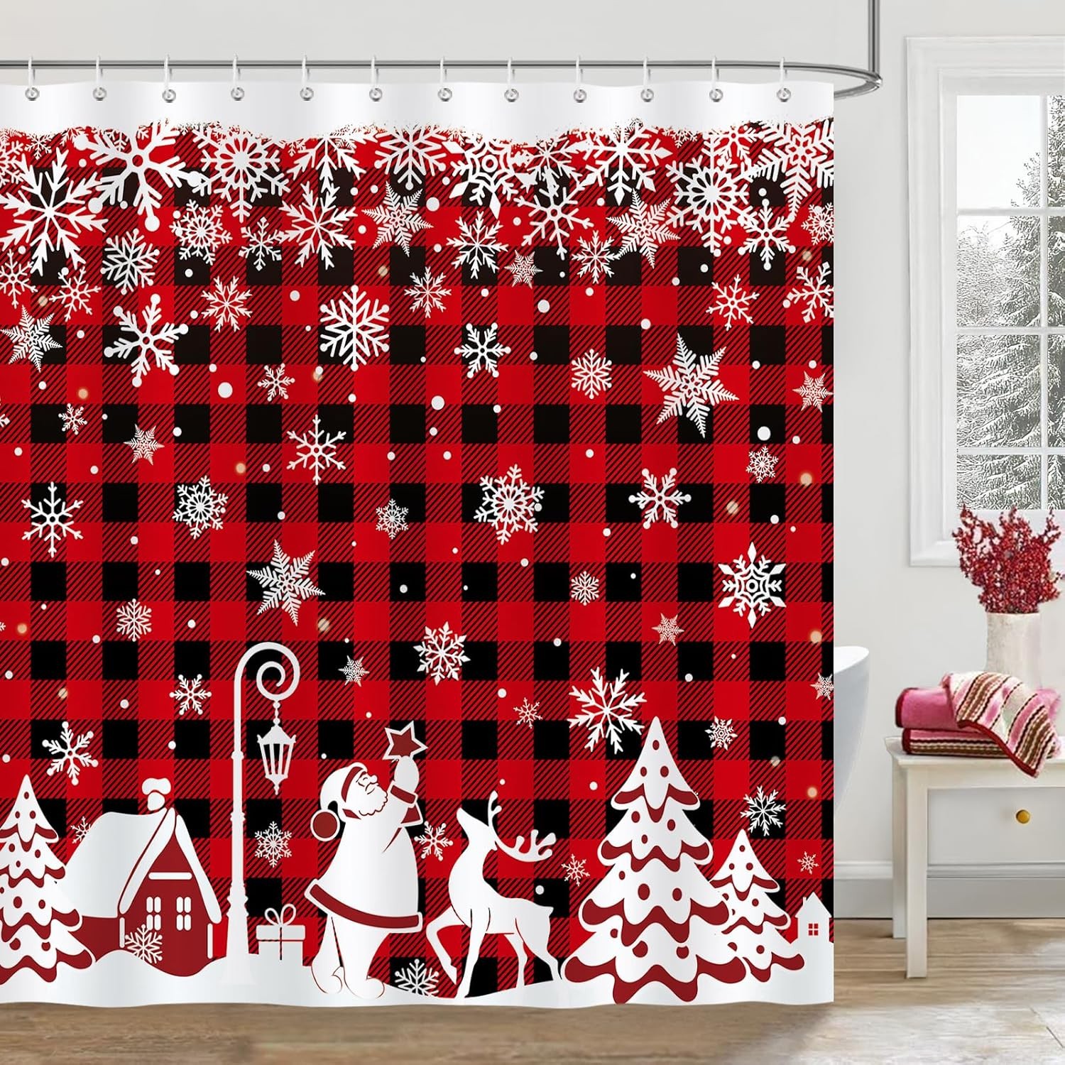 Christmas Shower Curtain, Winter Snowflakes Xmas Village Santa Red Black Plaid
