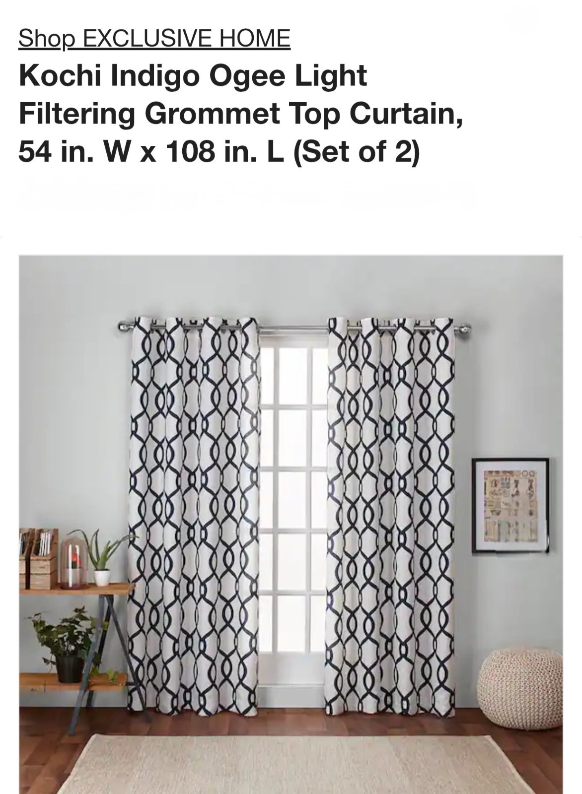 Kochi Indigo Ogee Light Filtering Curtain, 54 in. W x 108 in. L (Set of 2 panel
