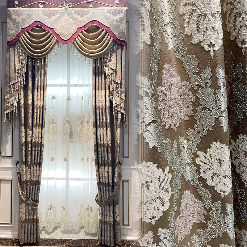 Custom European coffee chenille shade window thick valance curtain tulle M1555