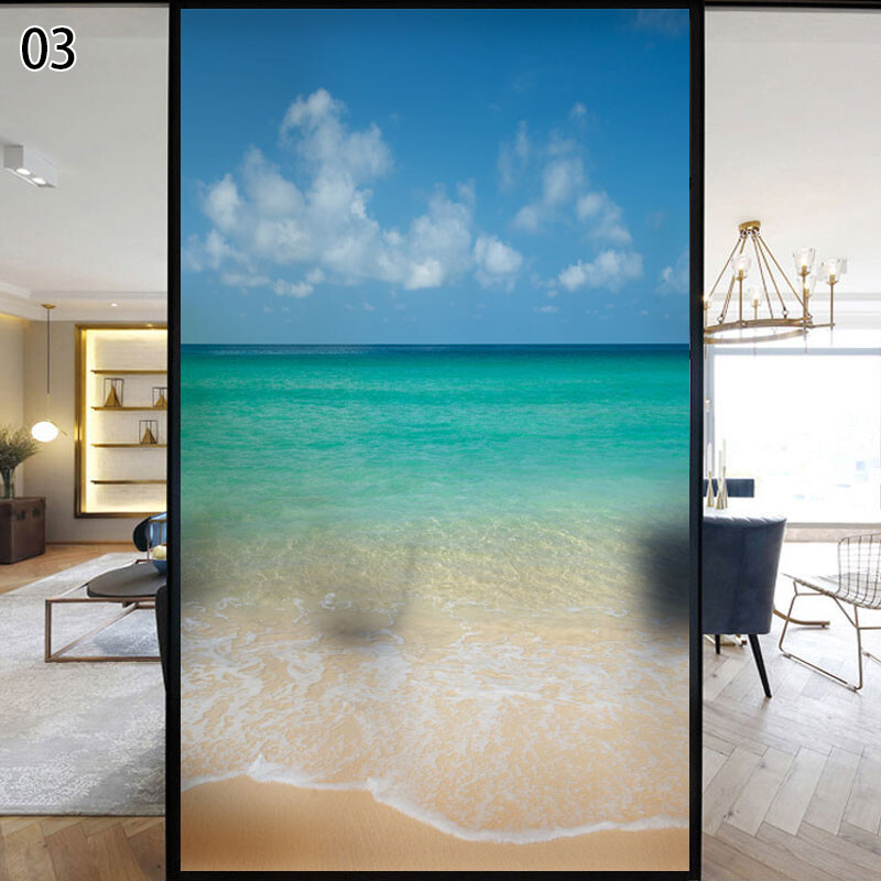 Wave Beach Static Privacy Frosted Stained Window Film Flower Glass Sticker Decor