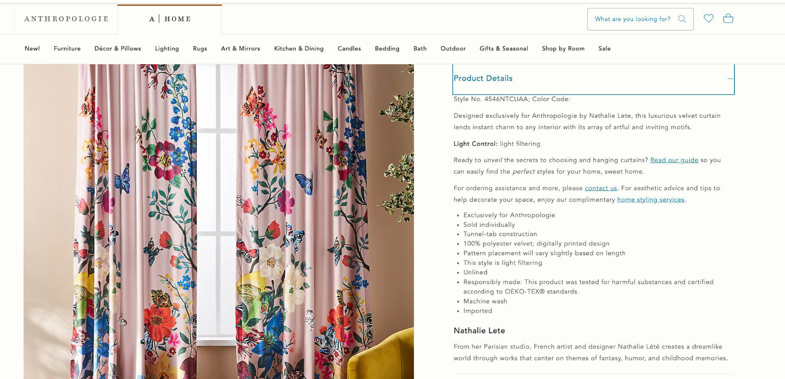 Natalie Leté Anthropologie Pink Velvet Butterfly Floral Curtain Panel 50″ x 63″