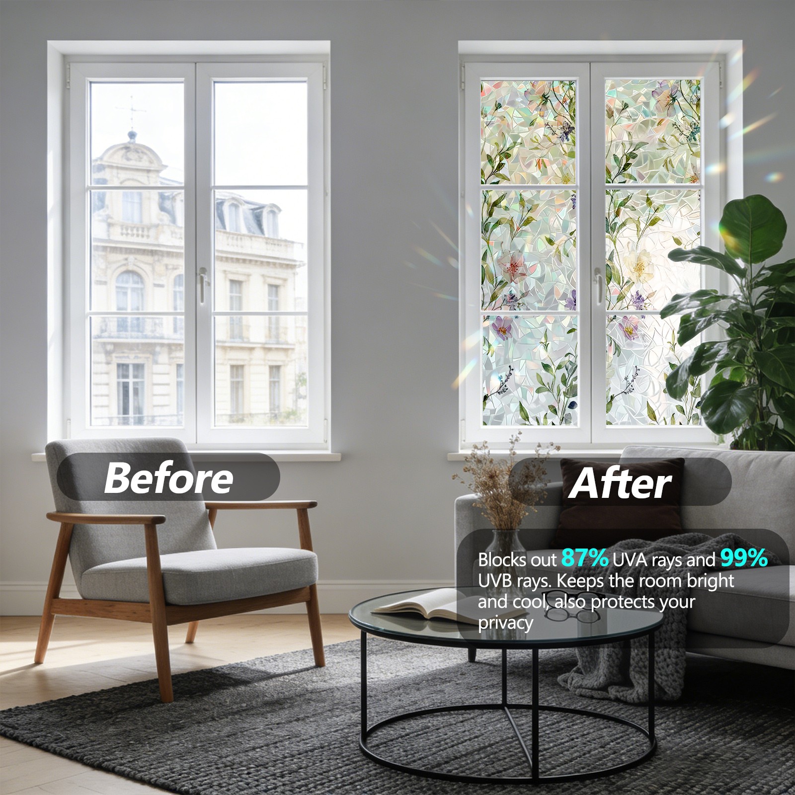 Window Privacy Film – Stained Glass Style Floral 17.5″ x 118″, Glass Film Decor