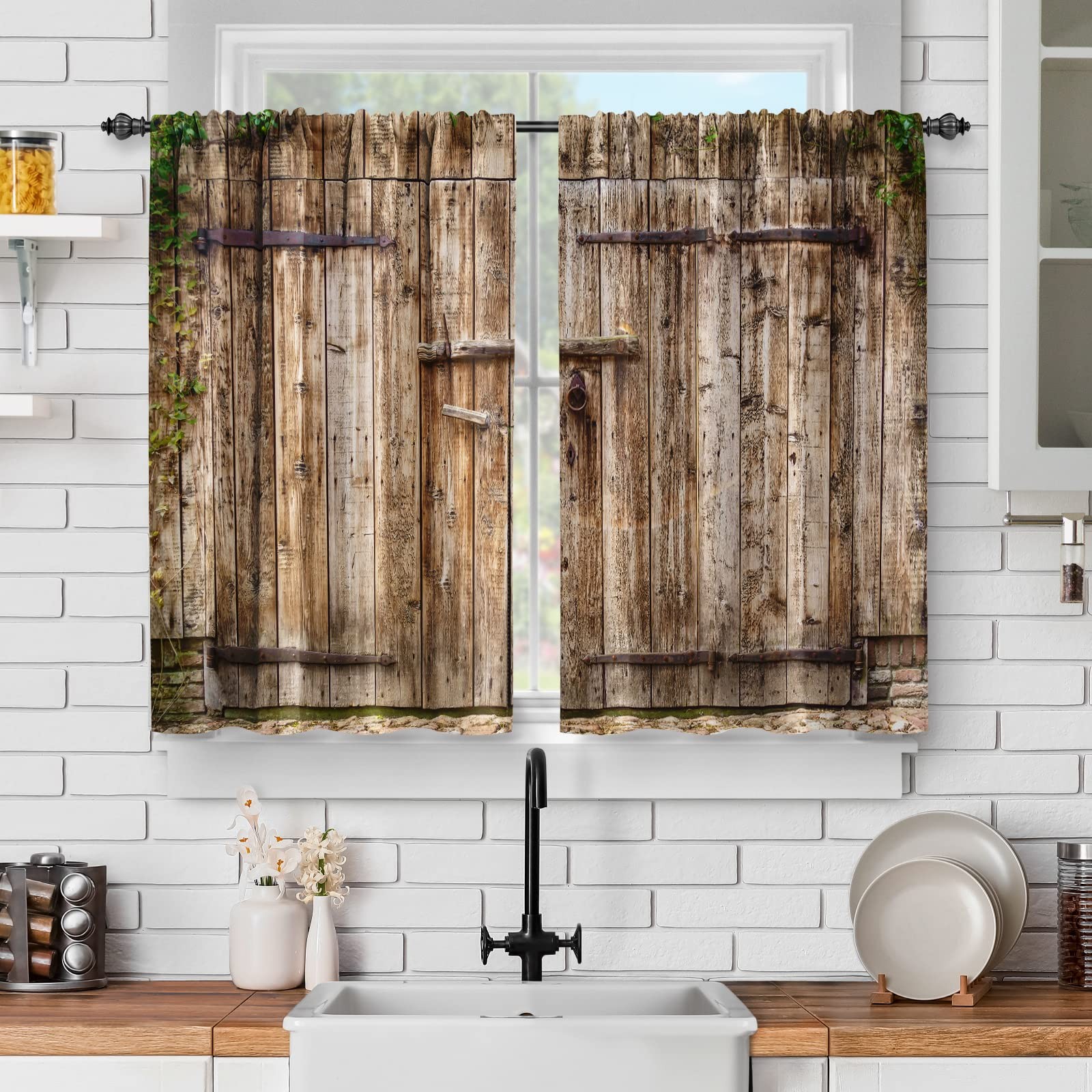 Jekeno Rustic Wood Kitchen Curtains – Vintage Wooden Barn Door Farmhouse Short C